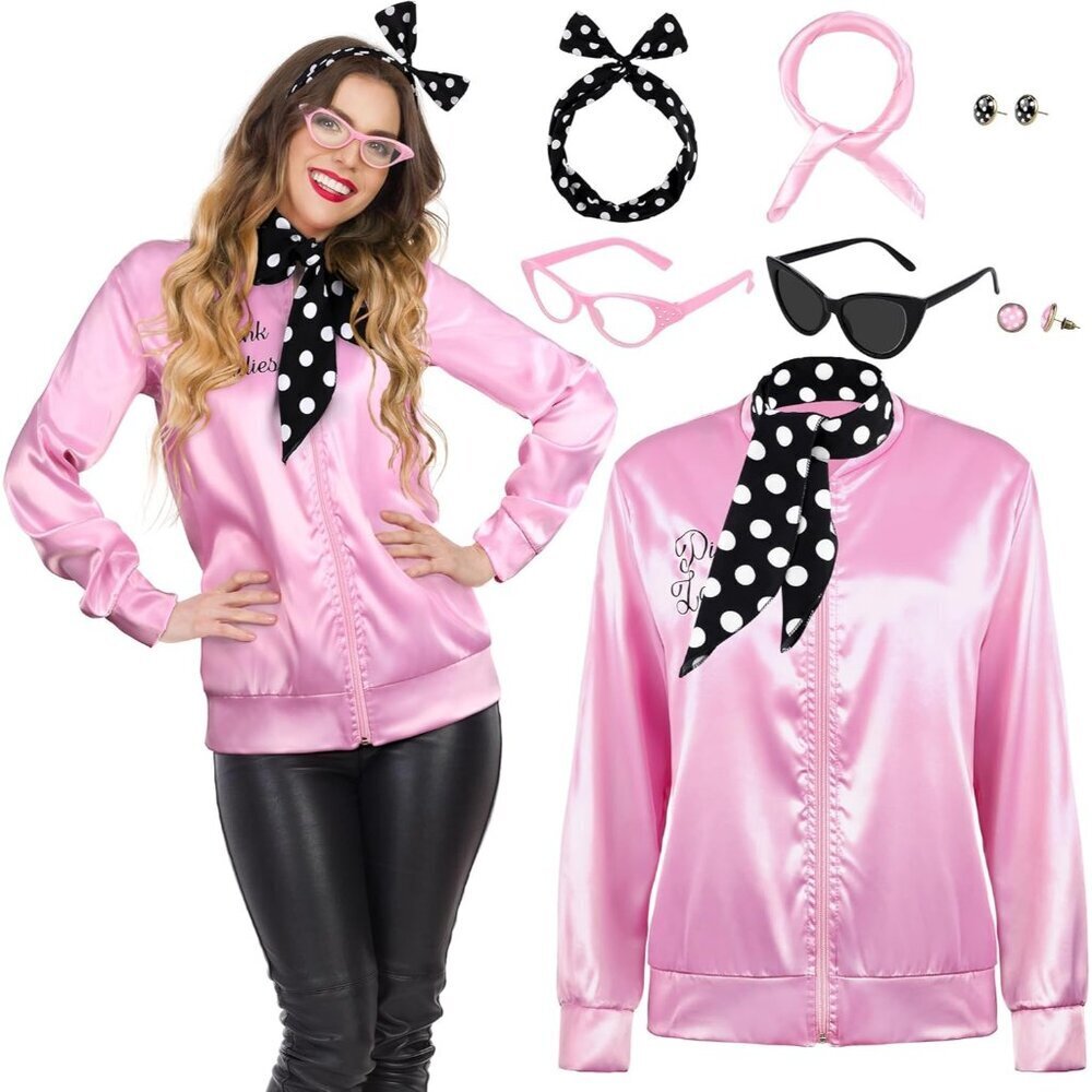 Pink Satin Jacket Costume Set Women 8 Pieces 1950s Style Halloween Dress